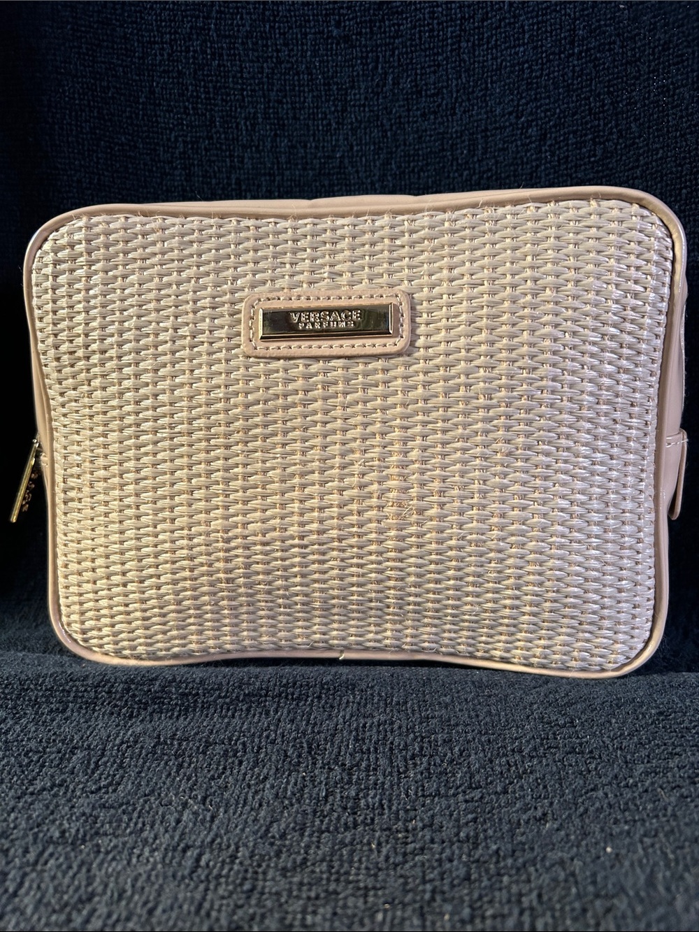 Versace Jeans Cream Woven Cosmetic Pouch with Gold Logo Plaque